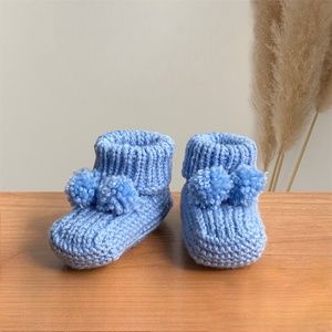 NEW Hand Knit Blue Baby Socks with Bow and Pompoms, Baby Shower Gift for Boy
